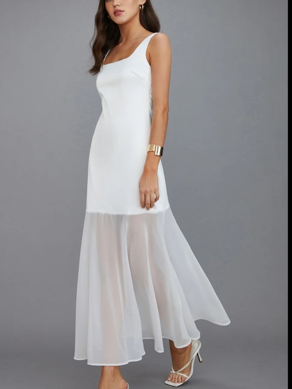 Commense White Maxi Dress with Sheer Skirt